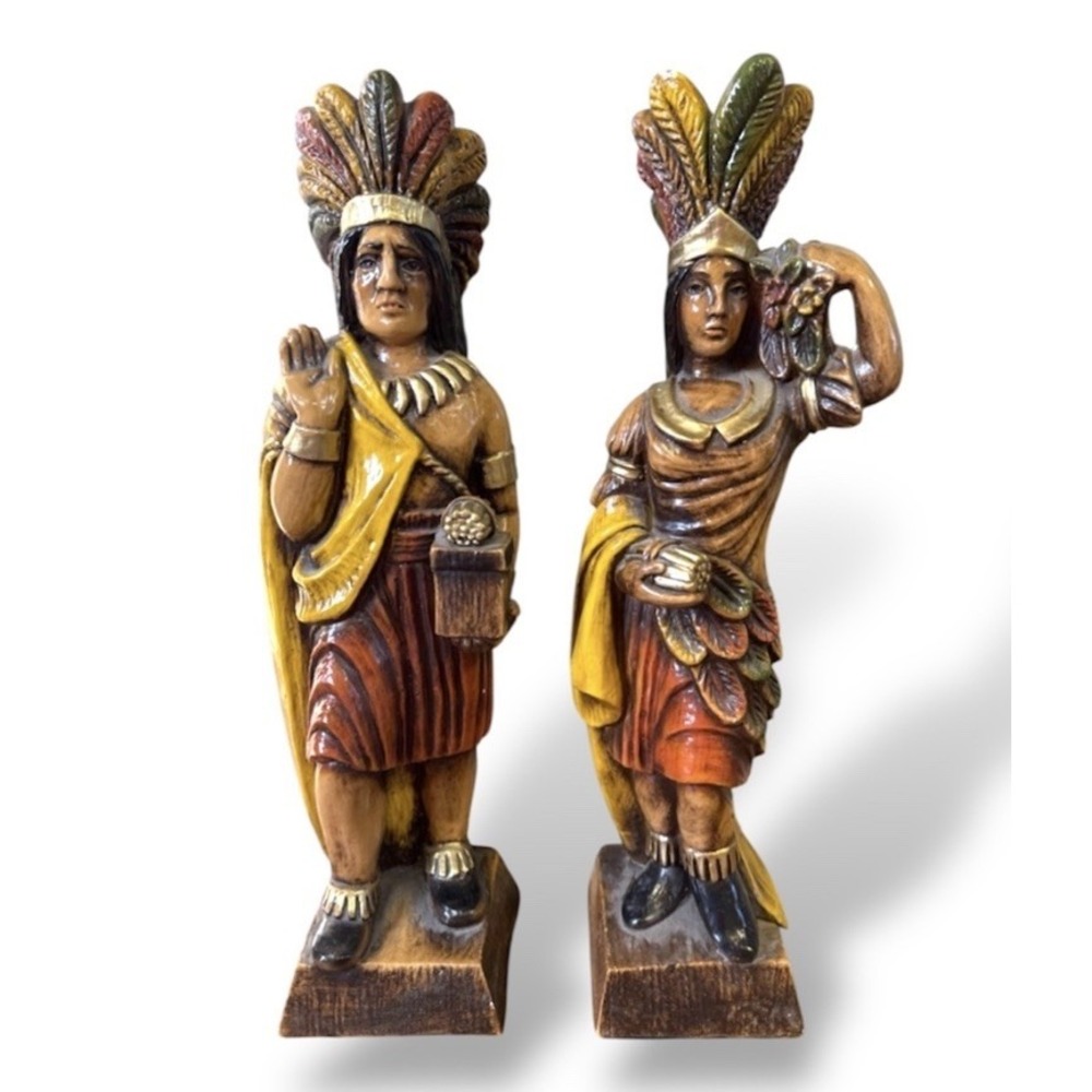 Vintage Chalkware Cigar Store Indian/Native American Warrior And Maiden 21" 40s